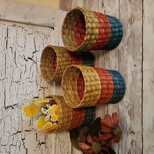 Set of 4 Vintage Woven Raffia Beverage Holders Tiny Baskets